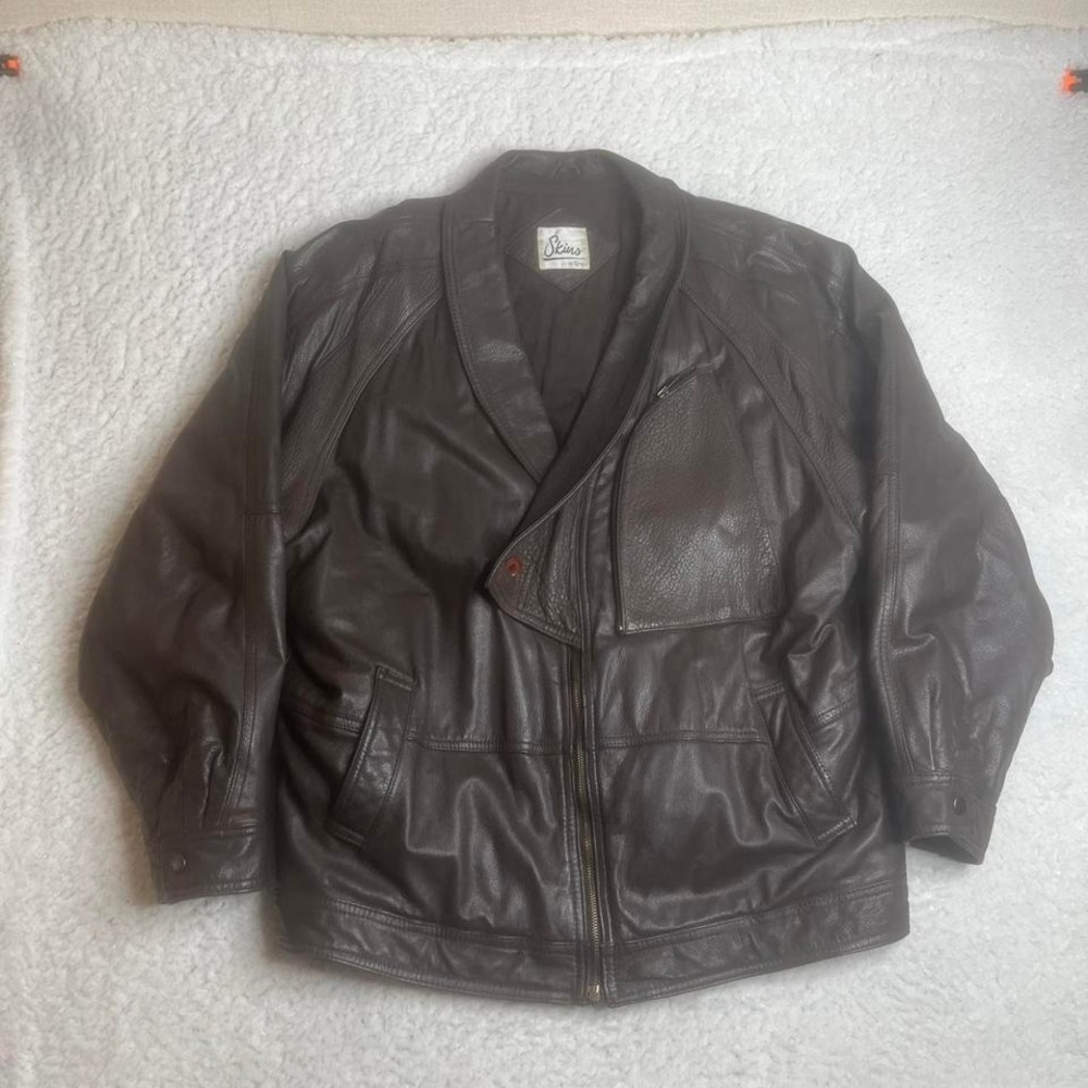 Vintage‎ skins by tora men's brown leather bomber zip biker jacket 90s heavy 48